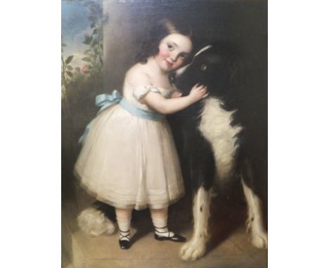 19TH CENTURY ENGLISH SCHOOL "Young girl in white dress with blue ribbon, a large dog at her side", portrait study, oil on can