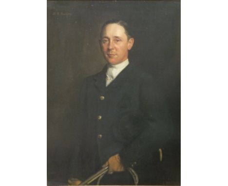 EDWARD PATRY (1856-1940) "R R Barker", study of a gentleman in hunting coat, a whip in his left hand, portrait study, three-q