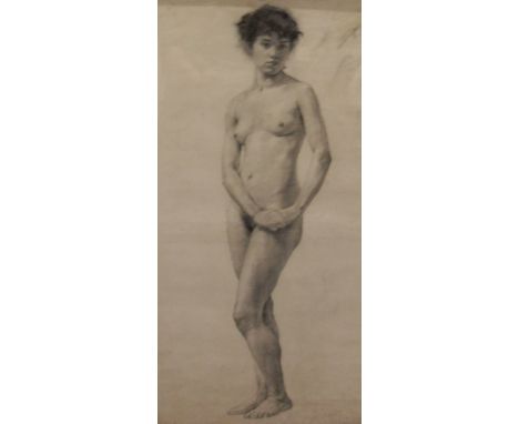 ATTRIBUTED TO HENRY JAMES HALEY (1874-) "Standing nude, her hands upon her hip", a portrait study, full length, charcoal, uns