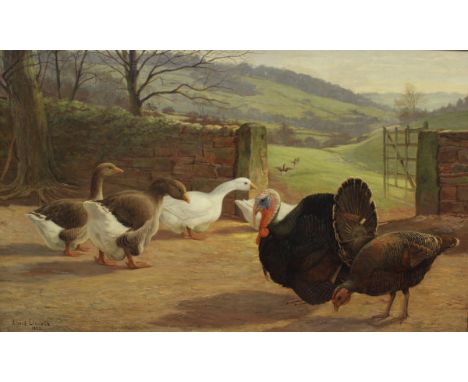 ALFRED ELSWORTH (1845-1919) "Turkeys and geese by a farm gate", oil on canvas, signed and dated 1889 bottom left, 77 cm x 128