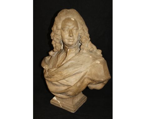 18TH CENTURY CONTINENTAL SCHOOL "Gentleman in curled wig with ponytail", a portrait bust study on waisted square socle, terra