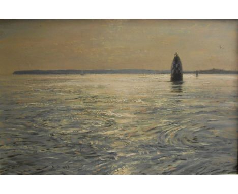 DAVID COBB (1921-2014) "Roustel Beacon, St Peter Port, Guernsey", a sunset seascape, signed bottom left, 50 cm x 76 cm (ARR)