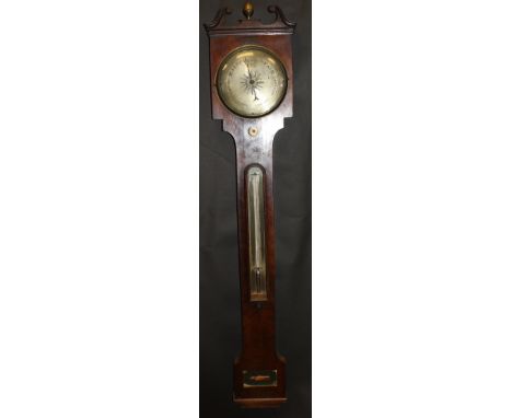 A George III mahogany cased stick barometer with mercury thermometer and silvered dial, the level inscribed "Galward Hitchin"