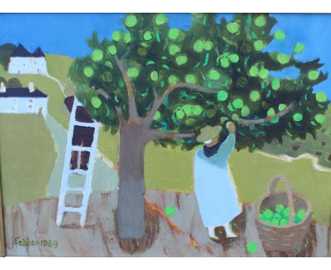 MARY FEDDEN (1915-2012), "Picking Apples, 1989", with figure picking apples from a tree, another figure on ladder and cottage