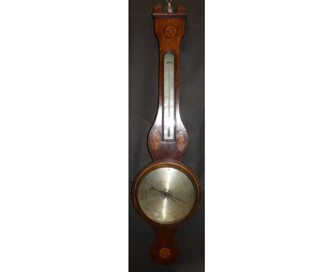 A 19th Century mahogany banjo barometer and thermometer with conch shell marquetry inlay, the brushed steel dial marked "P. C