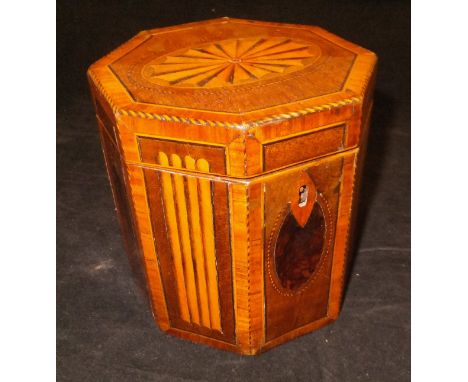 A George III marquetry and kingwood cross-banded harewood tea caddy, the hinged lidded top with marquetry inlaid fan paterae 