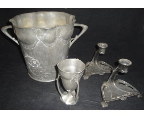 A Felsensteim Mainzer German twin-handled ice bucket with crimped rim, the body embossed with fish in water, stamped to base 