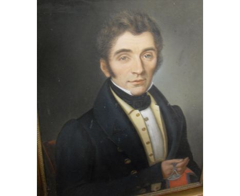 MAURICE MOUTON (19TH CENTURY) "Gentleman in blue topcoat seated, a jewelled medallion in his right hand", portrait study, hal