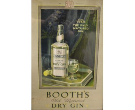 A Booth's Old Matured Dry Gin advertising poster print, housed in an ebonised frame inscribed  "Booth's Distilleries London",