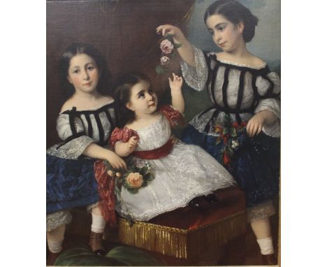 19TH CENTURY ENGLISH SCHOOL "Three young girls in lace-trimmed dresses", a triple portrait study, oil on canvas, unsigned, 94