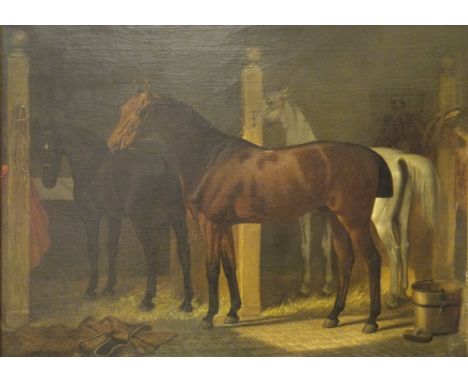 E K M (19TH CENTURY) "Four Hunters in a Stable, a blanket in the foreground", oil on canvas, monogrammed and dated 188? botto