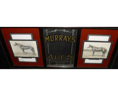 A framed and glazed "Murray's Ales Craigmillar Breweries Edinburgh" advertising mirror flanked by two photographic studies of