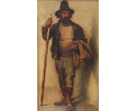 19TH CENTURY ITALIAN SCHOOL "Bearded man with Staff", a portrait study, oil on canvas, indistinctly signed bottom right, 37 c