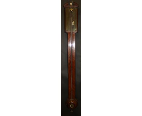 A 19th Century mahogany stick barometer with broken arch pediment above a brass dial inscribed "J. D. Downes Yarmouth", 98 cm