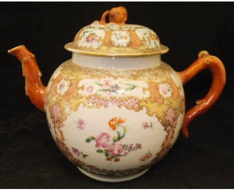 A Chinese Qianglong punch pot, polychrome decorated with panels of floral sprays within a scaly ground, the lid with peach fi