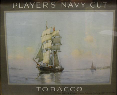 AFTER J M BROWN "Players Navy Cut Tobacco", colour print of tall-masted ship in harbour, housed in an oak frame with stamp to