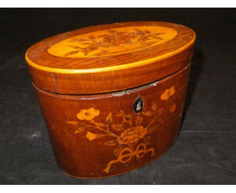 A George II harewood and marquetry inlaid tea caddy of oval form, the hinged lidded top with floral spray marquetry inlay set