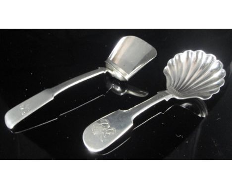 A George IV silver caddy spoon with coal scoop shaped bowl and "Fiddle" pattern handle engraved with the initials "W P" (by J