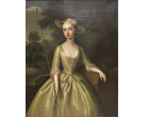 LATE 18TH CENTURY ENGLISH SCHOOL "Young lady in straw hat in silk dress holding a crook", a portrait study with sheep in a fi