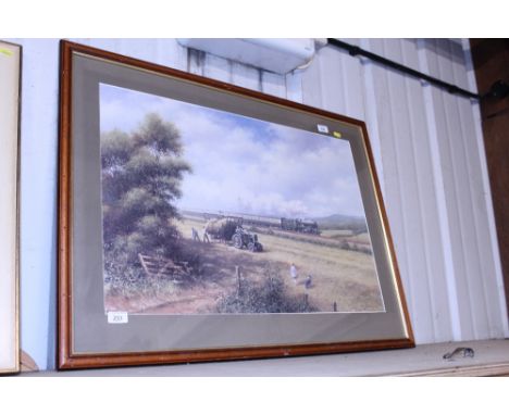 Don Breckon, coloured print depicting steam train and harvesting