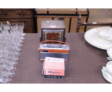 An Art Deco period mantel clock with presentation plaque; a Roberts radio and a Viewmaster 3D viewer