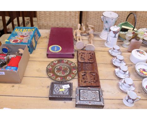 Two inlaid Eastern boxes; a carved hardwood expanding book rack; vintage scrabble set; two artists lay type dolls etc