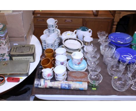 A quantity of various teaware; Worcester ramekins; carved hardwood box etc.