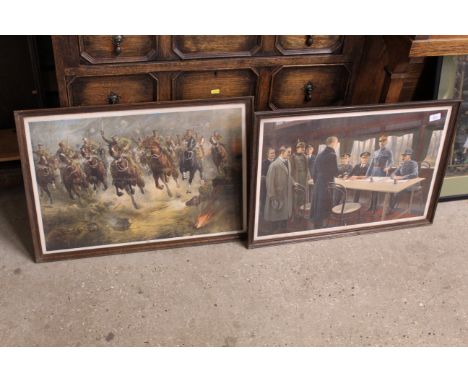 A pair of coloured WWI military prints; a coloured print of The Boyhood of Raleigh" after Millais and another "When Did You l