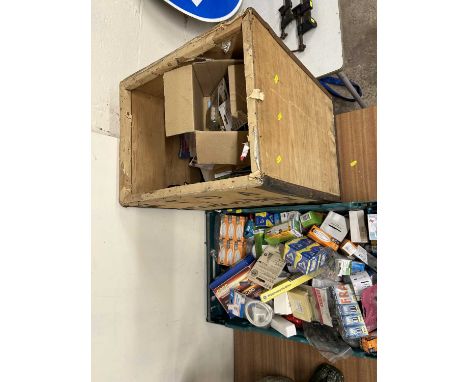 Two boxes of various shed clearance items, light bulbs, batteries, digital TV, USB sticks etc