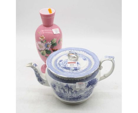 A Victorian teapot, blue and white transfer printed with continental landscapes, h.19cm; together with an opalescent pink gla