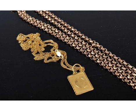 A yellow metal finelink neck chain with monogrammed pendant, stamped 750, 2.4g; together with a gilt metal belcher link long 