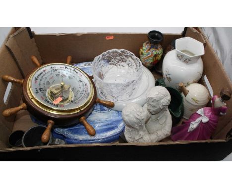 A box of miscellaneous items to include a Gouda type pottery vase, an Aynsley 'Just Orchids' pattern vase, aneroid barometer,