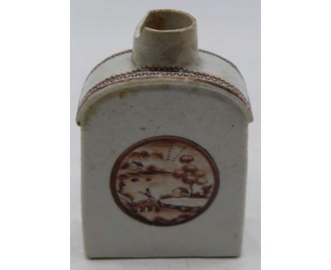 An 18th century Chinese export porcelain tea caddy, decorated with a fishing scene (a/f), h.12cm