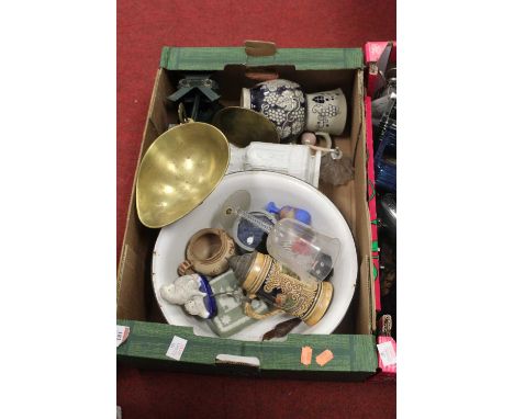 Two boxes of miscellaneous items to include grocer's scales, enamel bowl, relief jug, etc