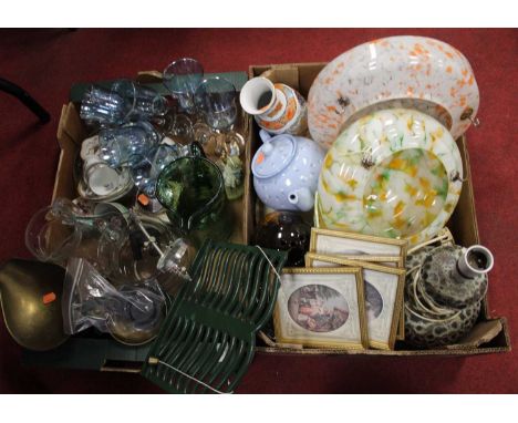 Two boxes of miscellaneous items to include an iron cookbook stand, lithophane ceiling light fittings, teapot etc