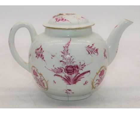 An 18th century Worcester porcelain teapot of bullet form (a/f), height 12cmExtensive damage and restoration