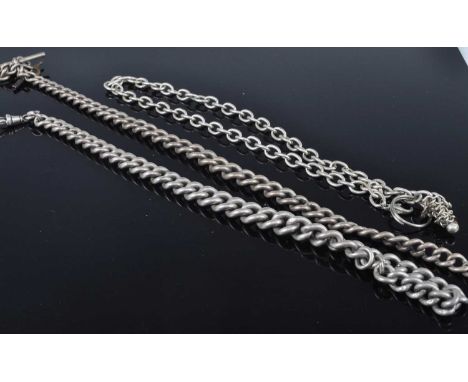 Two heavy silver curblink watch chains (both worn), 141g; together with a base metal watch chain (3)