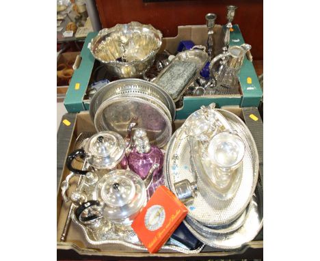 Two boxes of silver plated wares, to include a pressed glass claret jug, pair of table candlesticks, teapot, coffee pot etc 