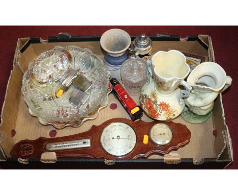 A box of miscellaneous items to include a 20th century wall barometer/thermometer, German biersteins, pressed glass etc