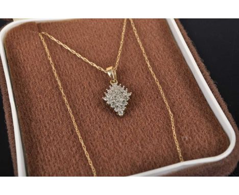 A 9ct gold and diamond point set lozenge cluster pendant, on finelink neck chain, pendant dimensions 15 x 10mm