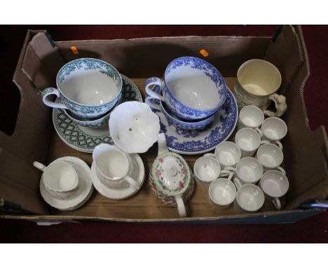 A box of miscellaneous china to include Spode Blue Room Collection, oversize teacups and saucers, British Flowers pattern, a 