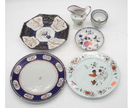 A collection of 18th century and later ceramics, to include a New Hall porcelain milk jug, a Chinese export plate, tea bowls 