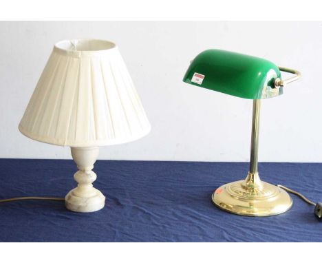 A lacquered brass desk lamp, having adjustable green glass shade; together with an alabaster table lamp and shade (2)