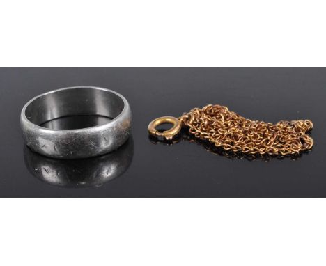 A platinum wedding band, 6.3g, size M; together with a gilt metal finelink neck chain (2)