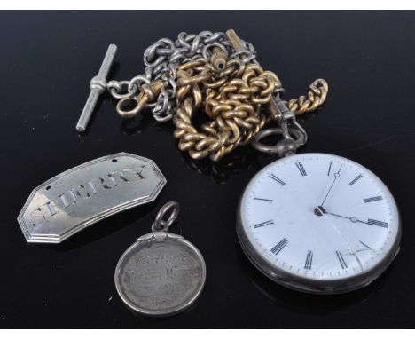 A circa 1830 silver decanter collar, annotated for Sherry; silver curblink watch chain with Albert, 33cm; brass curblink watc