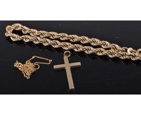 A 9ct gold ropetwist bracelet, cross pendant, and finelink neck chain, gross weight 7.2g (3)