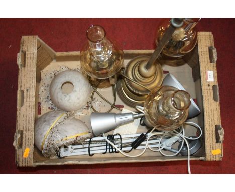 A box of various lighting to include a 3 branch table lamp