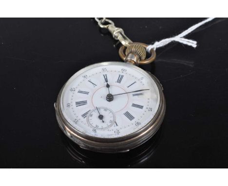 A continental white metal cased open faced pocket watch, having unsigned keyless movement and with steel watch chain (2)