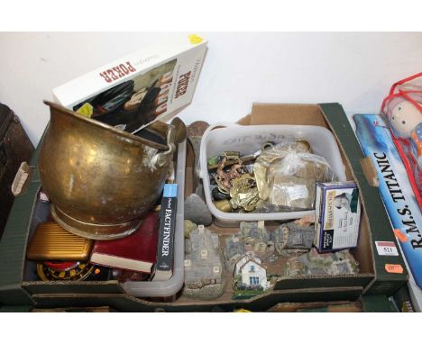 A box containing a collection of miscellaneous items to include Leonardo Collection model cottages, a brass coal bucket, etc