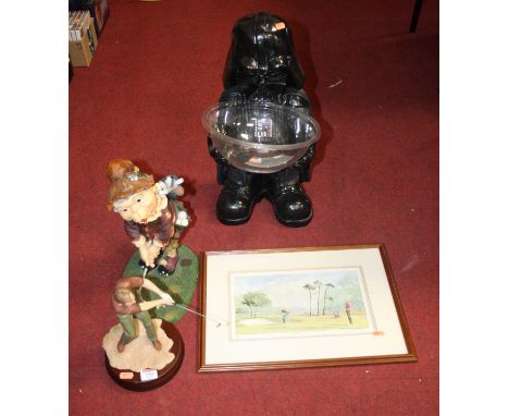 A collection of various items to include a plastic model of Darth Vader and dolphin figures